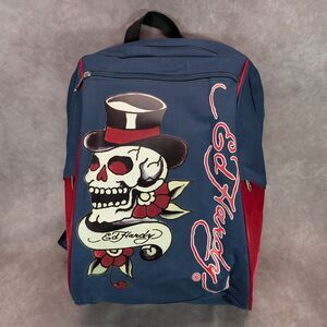Vintage Ed Hardy Skull Top Hat Backpack Y2K Tattoo Art Blue Red Black School Bag